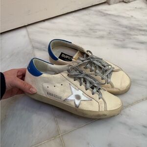 Golden Goose Cream Sneakers with Blue and Silver Accents